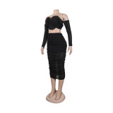 Women Bodycon Pleated Long Sleeves Solid Patchwork Club Skirts 2pcs