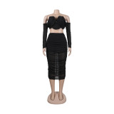 Women Bodycon Pleated Long Sleeves Solid Patchwork Club Skirts 2pcs
