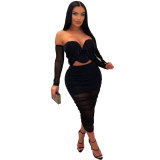 Women Bodycon Pleated Long Sleeves Solid Patchwork Club Skirts 2pcs