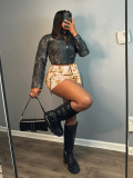 Sexy Print Patchwork Drawstring High Waist Skirts