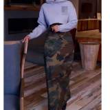 Women Printed Camouflage Slit Skirt