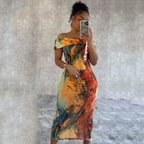 Casual Elegant Mixed Printing Contrast Off The Shoulder Dresses