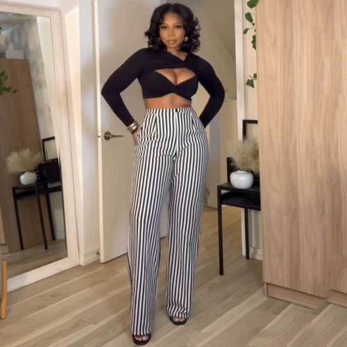 Black Striped Printed High Waist Straight Casual Wide Leg Pants