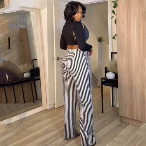 Black Striped Printed High Waist Straight Casual Wide Leg Pants