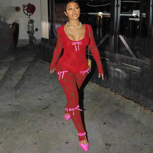 Sexy Lace Jumpsuit with Personalized Ribbons