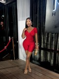 Solid Color Cross V-neck Short Sleeve Shorts Set