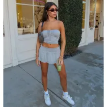 Sexy Strapless Wrapped Tube Top and Pleated Double-layer Culottes Two-piece Outfits