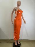 Sexy Casual Patchwork Backless Slit Contrast Spaghetti Strap Sling Dresses