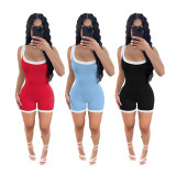 Fashion Contrasting Color Pit Backless Sleeveless Shorts Rompers