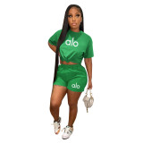 Summer Casual Cotton Pyrography Brand Two Piece Short Set