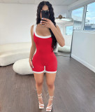 Fashion Contrasting Color Pit Backless Sleeveless Shorts Rompers