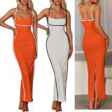 Sexy Casual Patchwork Backless Slit Contrast Spaghetti Strap Sling Dresses