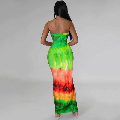 Sexy Multicolored Print Patchwork Strapless Long Dresses