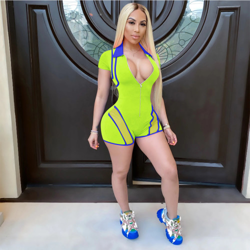 Solid Color Block V Neck Zipper Mesh Patchwork Short Sleeve Rompers