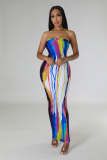 Sexy Multicolored Print Patchwork Strapless Long Dresses
