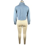 Drilled Ragged Irregular Shirt Collar Long Sleeve Denim Cropped Jacket