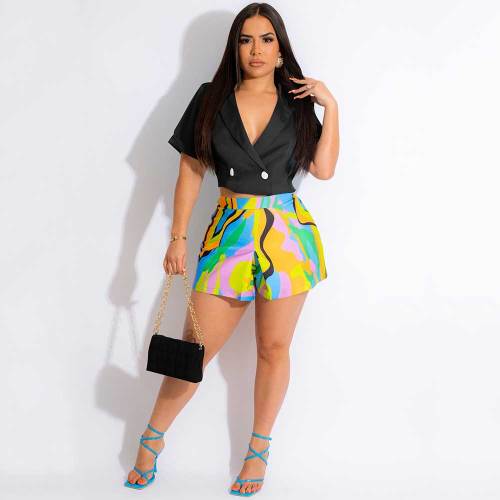 Women Short Sleeve Top and Print Blazer Shorts Two-Piece Set
