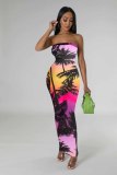 Sexy Multicolored Print Patchwork Strapless Long Dresses