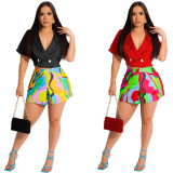 Women Short Sleeve Top and Print Blazer Shorts Two-Piece Set