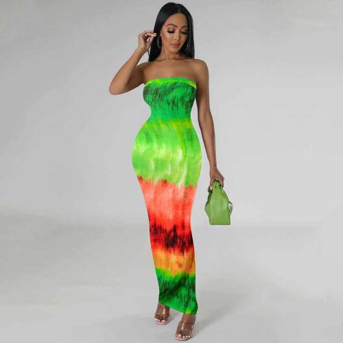 Sexy Multicolored Print Patchwork Strapless Long Dresses