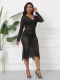 Solid Color Lace Sexy See Through Hollow V Neck Midi Dresses