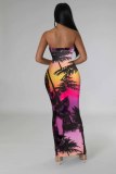 Sexy Multicolored Print Patchwork Strapless Long Dresses