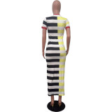 Women's Round Neck Short Sleeve Patchwork Stripe Side-Slit Dress