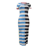 Women's Round Neck Short Sleeve Patchwork Stripe Side-Slit Dress