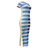 Women's Round Neck Short Sleeve Patchwork Stripe Side-Slit Dress