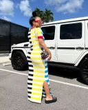 Women's Round Neck Short Sleeve Patchwork Stripe Side-Slit Dress