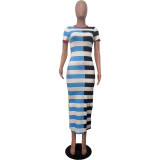 Women's Round Neck Short Sleeve Patchwork Stripe Side-Slit Dress