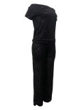 Sequined Solid Color Short Sleeve and Long Pants Two-Piece Set