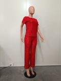 Sequined Solid Color Short Sleeve and Long Pants Two-Piece Set