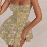 Lace Patchwork Mini Floral Print Cinched Waist Cami Dress