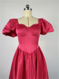 Fashionable Square Neck Bubble Sleeve Solid Color Cinched Waist Mid-length Dress