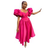 Fashionable Square Neck Bubble Sleeve Solid Color Cinched Waist Mid-length Dress