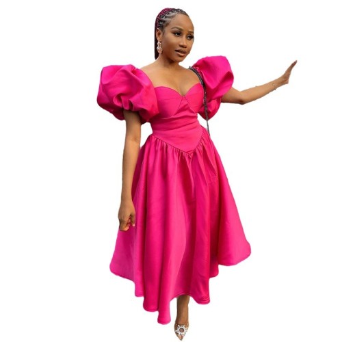 Fashionable Square Neck Bubble Sleeve Solid Color Cinched Waist Mid-length Dress