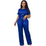 Sequined Solid Color Short Sleeve and Long Pants Two-Piece Set