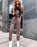 Spring Fashion Printed Short Sleeve Long Pants Two Piece Set