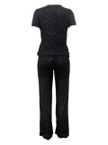Sequined Solid Color Short Sleeve and Long Pants Two-Piece Set