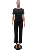 Sequined Solid Color Short Sleeve and Long Pants Two-Piece Set