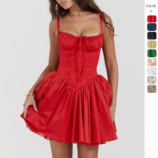 Sexy Lace Spliced High Waist Suspender Dress
