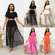 Beaded Perspective Mesh Skirt Short Sleeve Crop Top Three-Piece Set