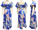 Chic Printed Bubble Sleeve Maxi Dress with Flared Hem