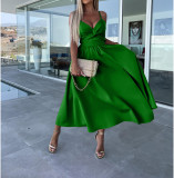 Strappy V-Neck Bodycon Fit and Open Back Flowy Midi Dress