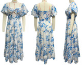 Chic Printed Bubble Sleeve Maxi Dress with Flared Hem