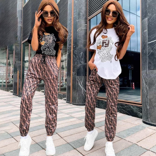 Spring Fashion Printed Short Sleeve Long Pants Two Piece Set