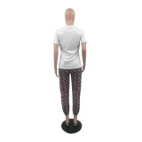 Spring Fashion Printed Short Sleeve Long Pants Two Piece Set