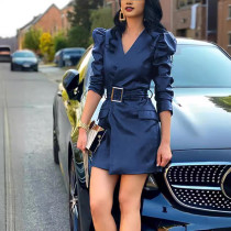 Chic PU Leather V-Neck Bubble Sleeve Bodycon Dress with Waist Bel