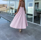 Strappy V-Neck Bodycon Fit and Open Back Flowy Midi Dress